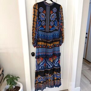 Farm Rio Ainika Sparkle Black Long Sleeve Maxi Dress Ruffled Tiered Small  New*
